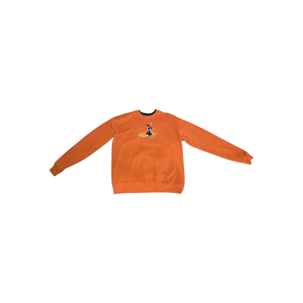 Endless Designs Sweatshirt Womens Medium Orange Halloween Black Cat Pumpkin